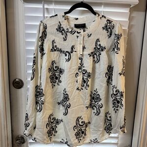 Lane Bryant Cream Button-Front Blouse with Black Floral Scroll Print